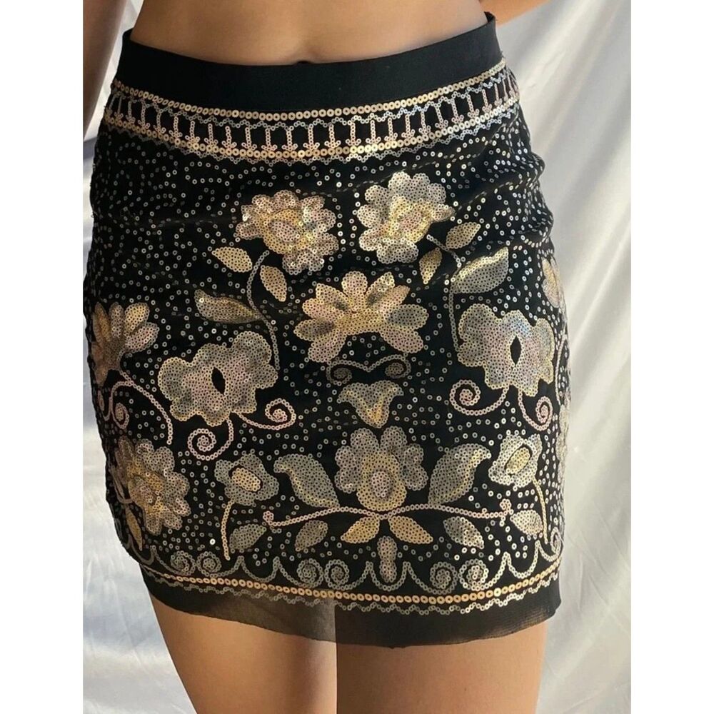 Chelsea & Violet Girls XL Black Gold Sequin Floral Mini Skirt Embellished Party